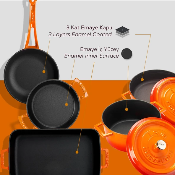 Lava Döküm 5x Trendy Serisi 8 Parça Tencere & Tava Seti  Turuncu - Resim 5