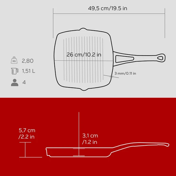 Lava Döküm Kare Izgara Tava Döküm Demir Yekpare Saplı. Ölçü 26x26cm.  Kırmızı - Resim 5