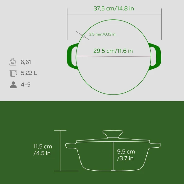 Lava Döküm Yuvarlak Tencere Döküm Demir Kapak Experience Serisi Çap(Ø)28cm  Yeşil - Resim 5