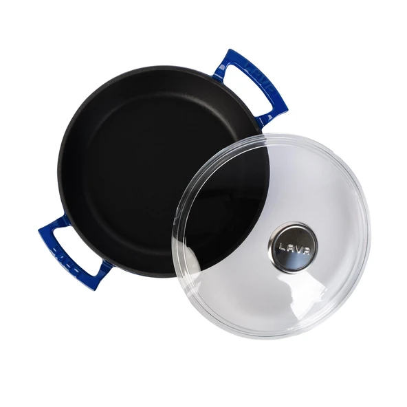 Lava Döküm Yuvarlak Sahan Cam Kapaklı Döküm Demir Yekpare Çift Kulplu Çap(Ø)24cm.  Mavi - Resim 3