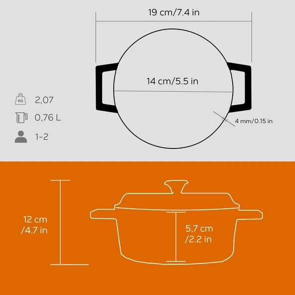Lava Döküm Yuvarlak Tencere. Trendy Çap(Ø) 14cm.  Turuncu - Resim 4