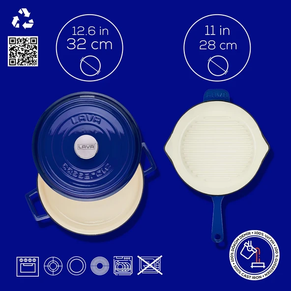 Lava Döküm 2X Edition Serisi Özel Koleksiyon Döküm Demir Tencere & Tava Seti Mavi - 5