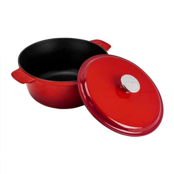 Lava Döküm Yuvarlak Tencere Döküm Demir Yekpare Kulplu. Çap(Ø)26cm. - Kırmızı - Resim 2