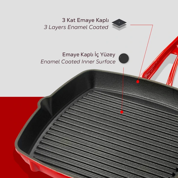 Lava Döküm Kare Izgara Tava Döküm Demir Yekpare Saplı. Ölçü 26x26cm.  Kırmızı - Resim 6