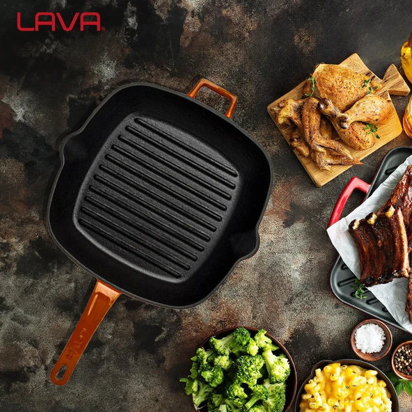 Lava Döküm Kare Izgara Tava Cam Kapaklı Döküm Demir Yekpare Saplı Ölçü 28x28cm.  Turuncu - Resim 7