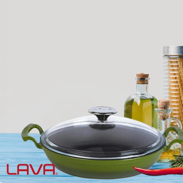 Lava Döküm Yuvarlak Sahan Cam Kapaklı Döküm Demir Yekpare Çift Kulplu Çap(Ø)24cm.  Yeşil - Resim 6