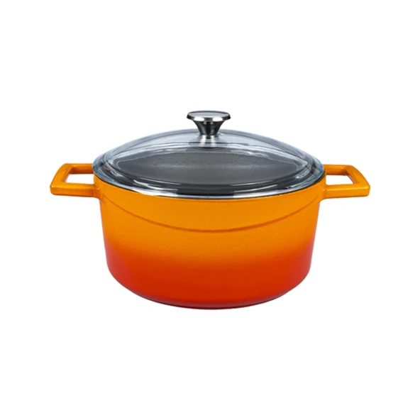 Lava Döküm Yuvarlak Tencere Cam kapaklı. Glaze Çap(Ø)24cm.  Turuncu