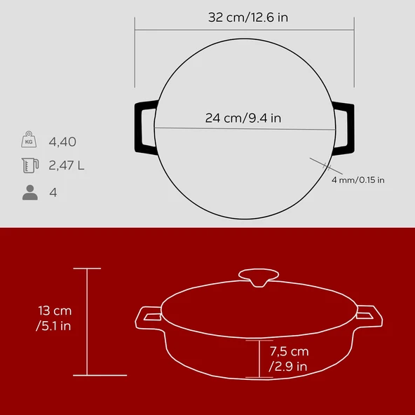 Lava Döküm Çok Amaçlı Yayvan Tencere. Folk Serisi Çap(Ø)24cm.  Kırmızı - Resim 5