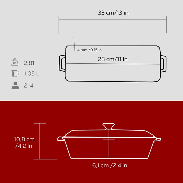 Lava Döküm Ekmek Tenceresi / Terrine Serisi. Ölçü 11x29cm.  Kırmızı - Resim 5