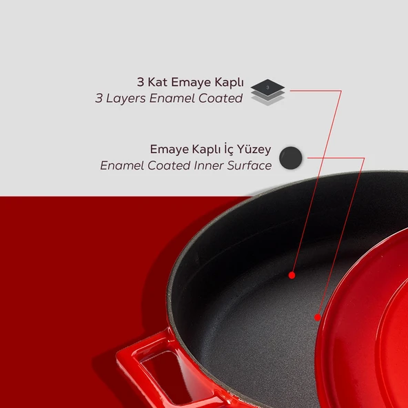 Lava Döküm Çok Amaçlı Yayvan Tencere. Folk Serisi Çap(Ø)24cm.  Kırmızı - Resim 6