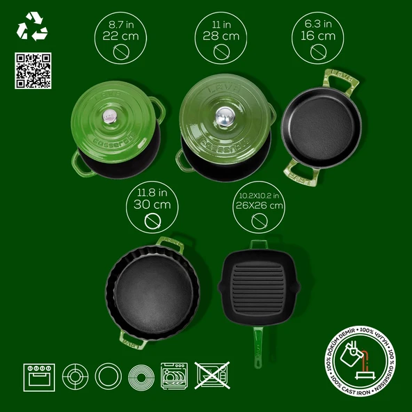 Lava Döküm 5X New Heritage Serisi Döküm Demir Tencere & Tava Seti  Yeşil - Resim 3