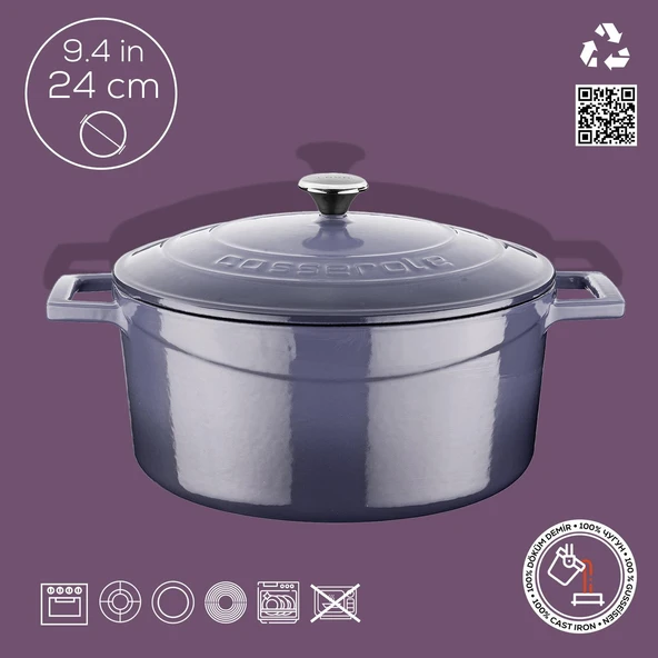 Lava Döküm Yuvarlak Tencere. Folk Çap(Ø)24cm.  Mor - Resim 4