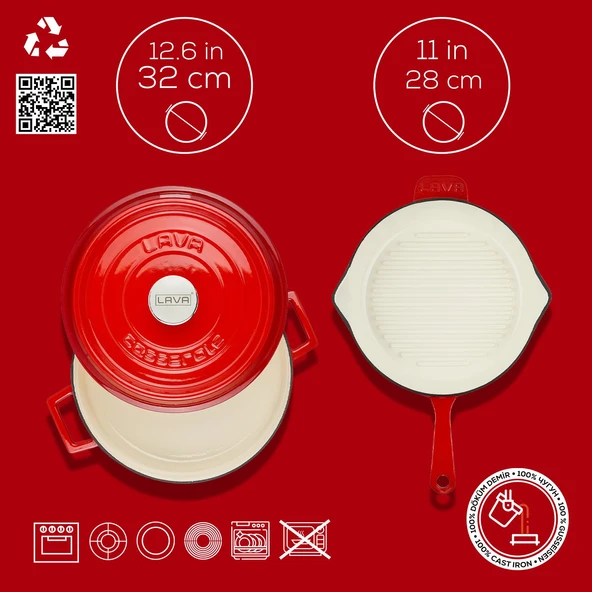Lava Döküm 2X Edition Serisi Özel Koleksiyon Döküm Demir Tencere & Tava Seti  Kırmızı - Resim 5