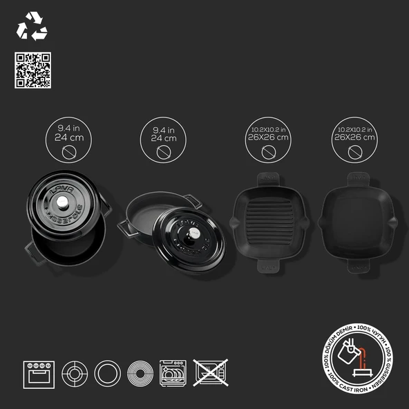 Lava Döküm 5X Trendy Serisi Döküm Demir Tencere Tava Çeyiz Seti  Siyah - Resim 2