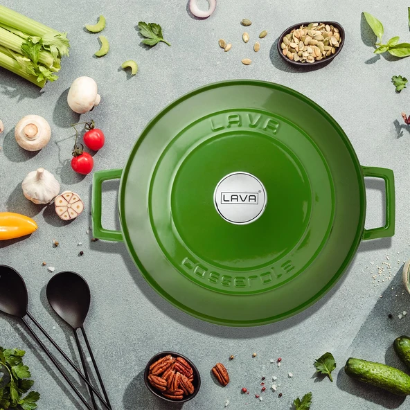 Lava Döküm Yuvarlak Tencere. Folk Çap(Ø)28cm.  Yeşil - Resim 7