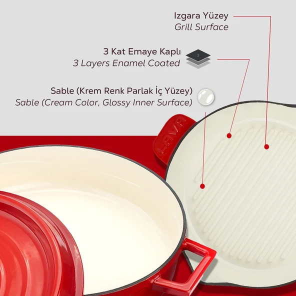 Lava Döküm 2X Edition Serisi Özel Koleksiyon Döküm Demir Tencere & Tava Seti  Kırmızı - Resim 7