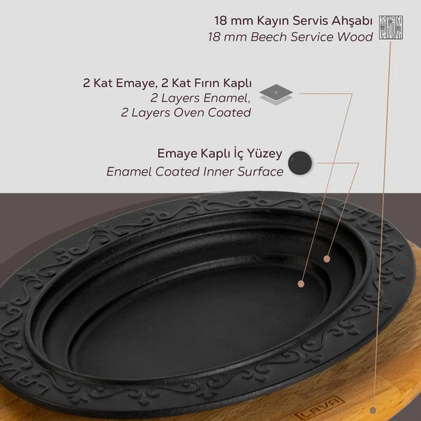 Lava Döküm Oval Döner, Kebap Tabağı Kayın Servis Ahşabı. Ölçü 28x20cm. - 6