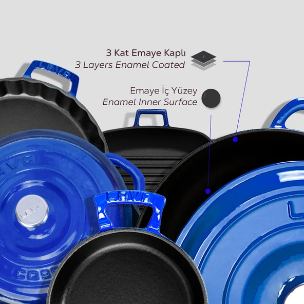 Lava Döküm 5X New Heritage Serisi Döküm Demir Tencere & Tava Seti  Mavi - Resim 5