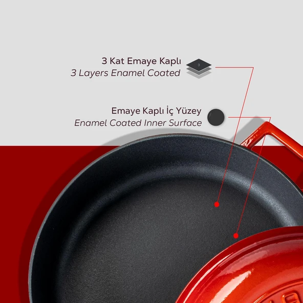 Lava Döküm Çok Amaçlı Yayvan Tencere. Kubbe Form Kapaklı Folk Serisi Çap(Ø)28cm.  Kırmızı - Resim 6