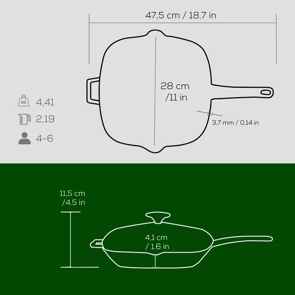 Lava Döküm Kare Izgara Tava Cam Kapaklı Döküm Demir Yekpare Saplı Ölçü 28x28cm.  Yeşil - Resim 5