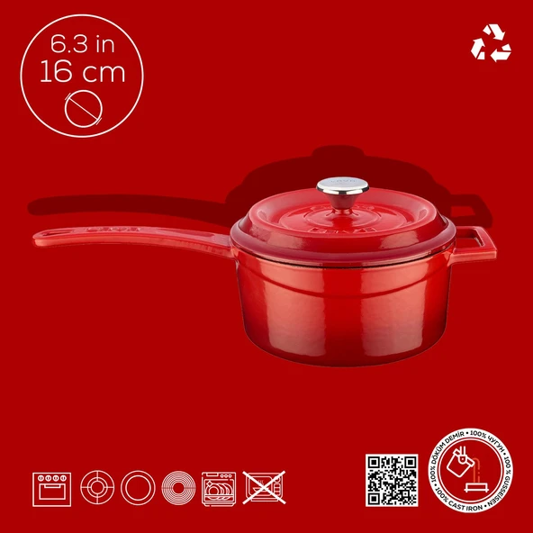 Lava Döküm Yuvarlak Sos Tenceresi. Döküm Demir Yekpare Saplı Trendy Serisi Çap(Ø16 cm.  Kırmızı - Resim 4