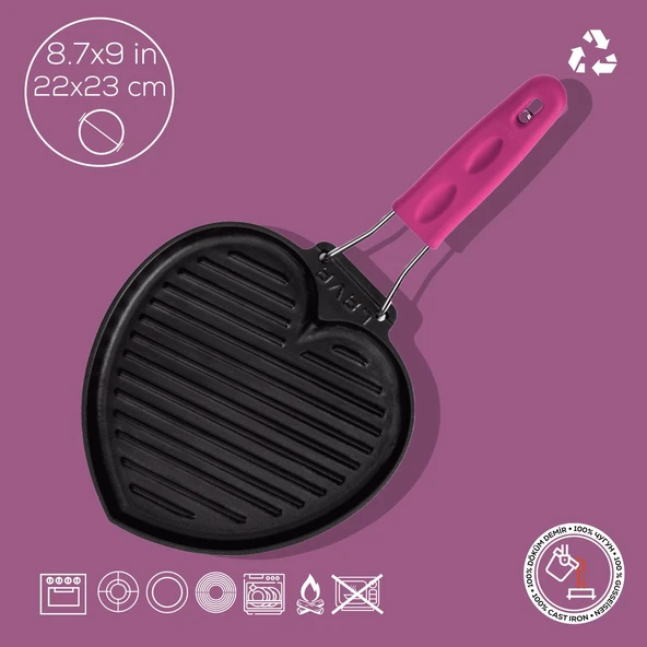 Lava Döküm Sığ Izgara Tavası Love Serisi Silikon Tel Saplı Ölçü 22x23cm.  Pembe - Resim 5