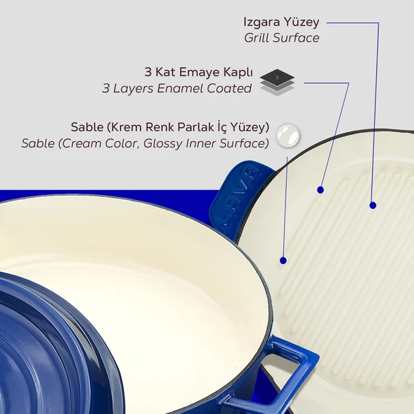 Lava Döküm 2X Edition Serisi Özel Koleksiyon Döküm Demir Tencere & Tava Seti Mavi - 7