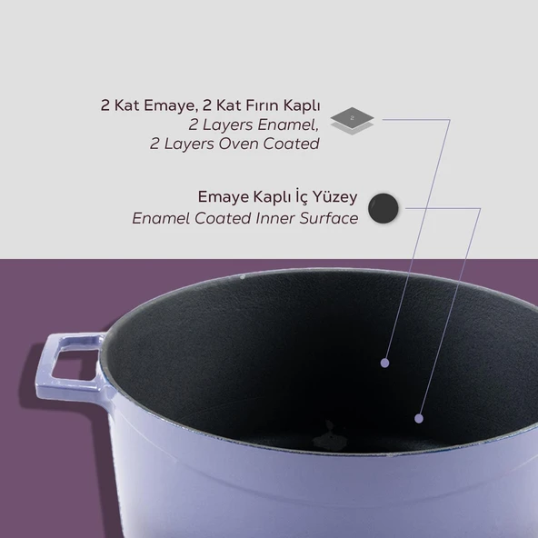 Lava Döküm Yuvarlak Tencere Cam kapaklı. Glaze Çap(Ø)20cm.  Mor - Resim 6