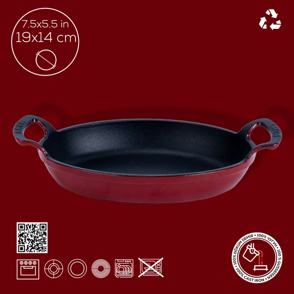 Lava Döküm Oval Sahan Döküm Demir Yekpare Çift Kulplu Ölçü 19x14cm.  Kırmızı - Resim 4