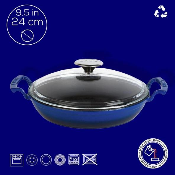 Lava Döküm Yuvarlak Sahan Cam Kapaklı Döküm Demir Yekpare Çift Kulplu Çap(Ø)24cm.  Mavi - Resim 4