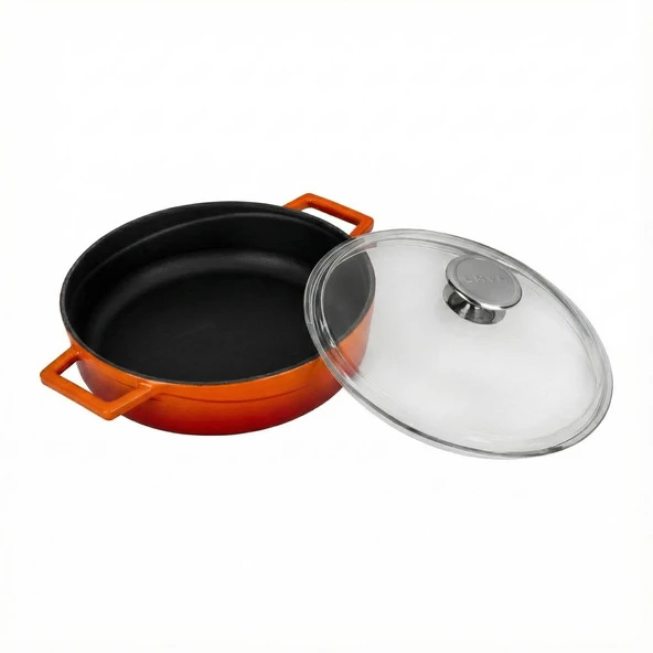 Lava Döküm Çok Amaçlı Yayvan Tencere. Glaze Serisi Çap(Ø)24cm. - Kırmızı  Turuncu - Resim 2