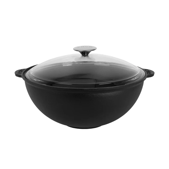 Lava Döküm Yuvarlak Cam Kapaklı Kazan / Tencere. Döküm Demir Yekpare Kulplu Çap(Ø)28 cm.