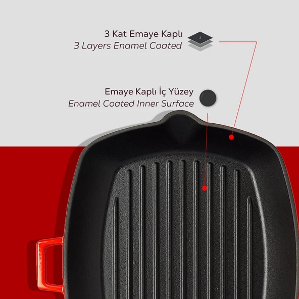 Lava Döküm Dikdörtgen Izgara Tava Döküm Demir Yekpare Saplı Ölçü 26x32cm.  Kırmızı - 7