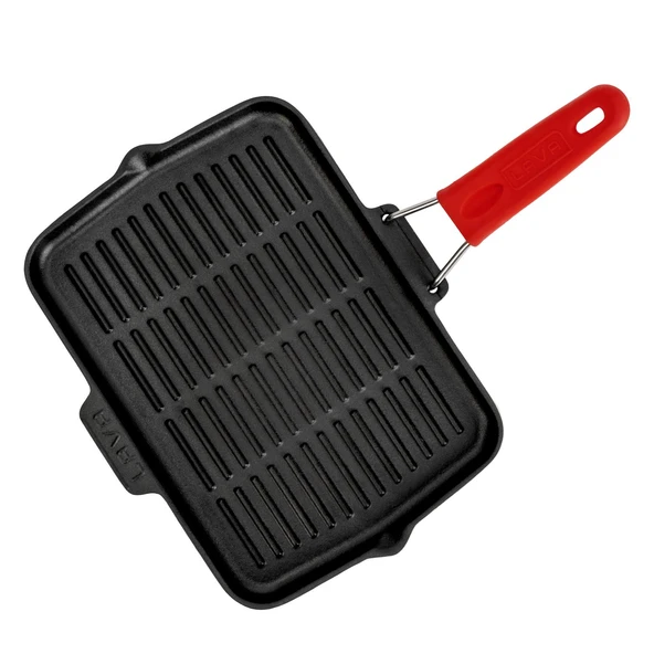 Lava Döküm Dikdörtgen Sığ Izgara Tavası Silikon Tel Saplı Ölçü 21x30cm  Kırmızı - 3