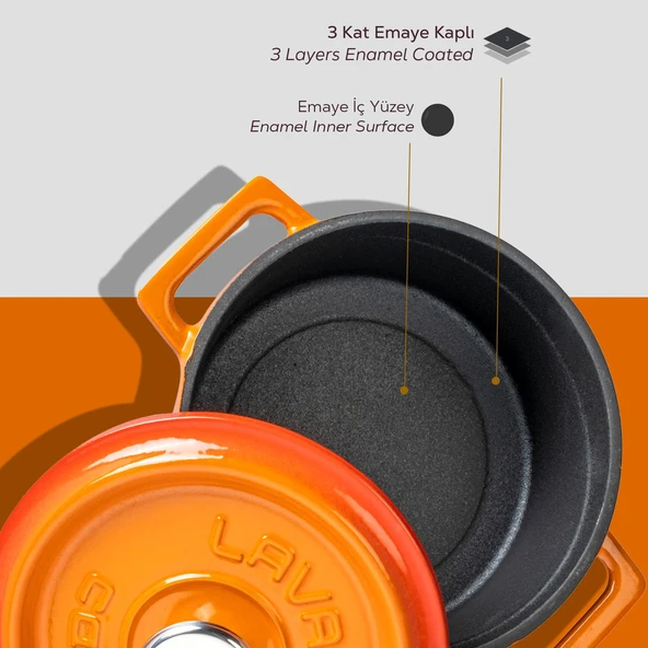 Lava Döküm Yuvarlak Tencere. Trendy Çap(Ø) 14cm.  Turuncu - Resim 5