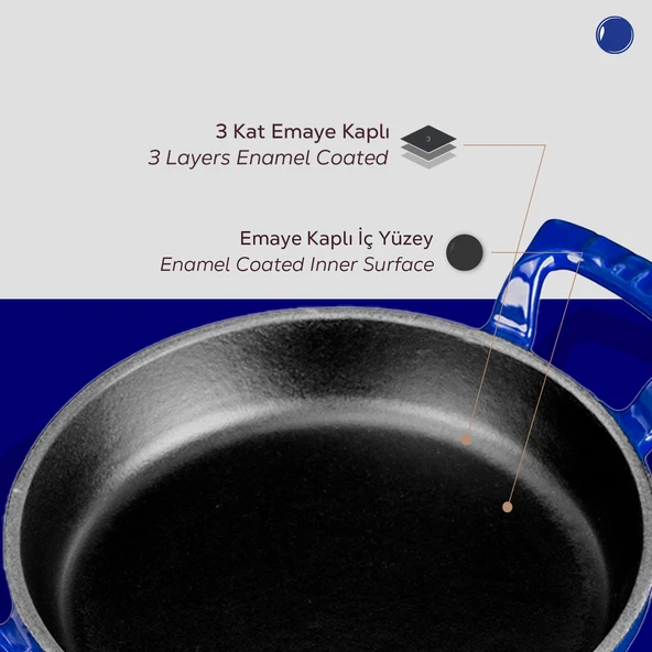 Lava Döküm Yuvarlak Sahan Döküm Demir Yekpare Çift Kulplu Çap(Ø)16cm.  Mavi - 6