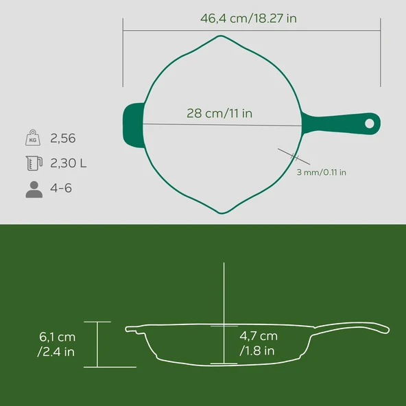 Lava Döküm Yuvarlak Kızartma Tavası Döküm Demir Yekpare Saplı Premium Serisi. Çap(Ø)28cm.  Yeşil - 5