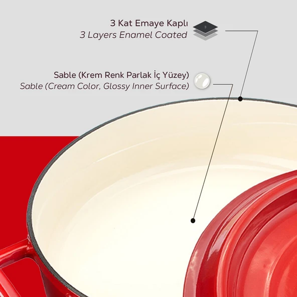 Lava Döküm Çok Amaçlı Yayvan Tencere Döküm Demir Yekpare Kulplu Edition Serisi Çap(Ø)32cm.  Kırmızı - Resim 6