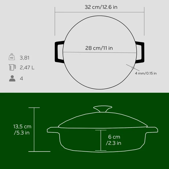 Lava Döküm Çok Amaçlı Yayvan Tencere. Glaze Serisi Çap(Ø)24cm. - Kırmızı  Yeşil - Resim 4