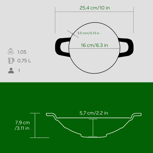 Lava Döküm Mini Wok Yekpare Kulplu Çap(Ø)16cm.  Yeşil - Resim 4