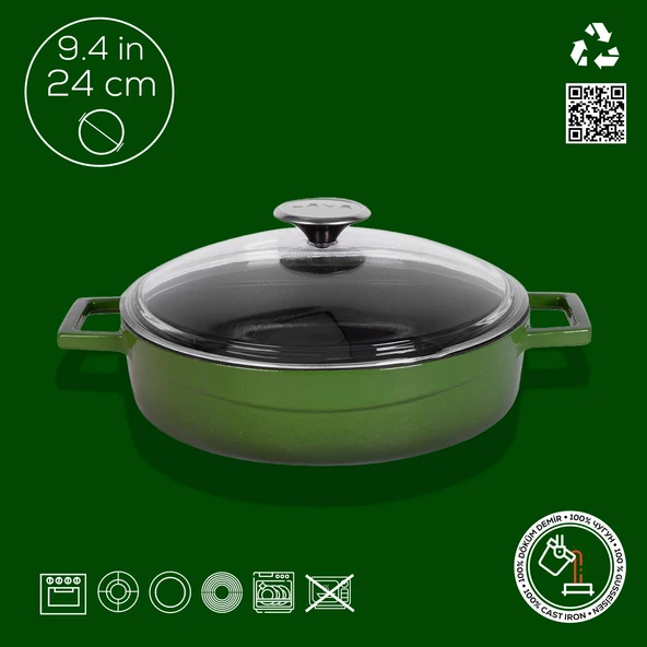 Lava Döküm Çok Amaçlı Yayvan Tencere. Glaze Serisi Çap(Ø)24cm. - Kırmızı  Yeşil - Resim 3