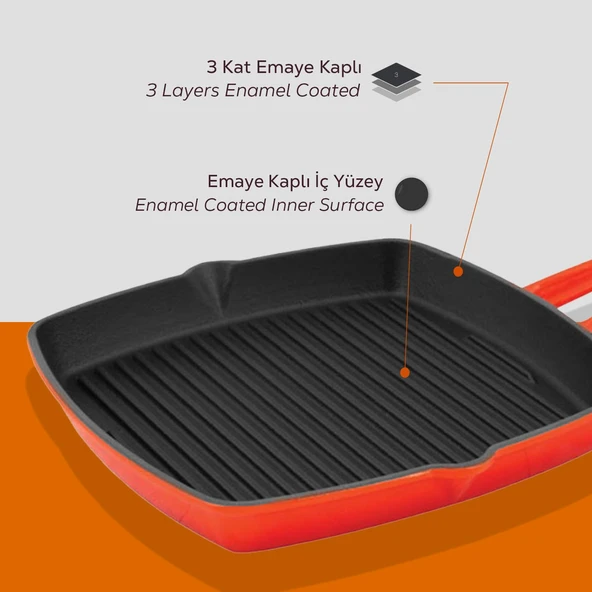 Lava Döküm Kare Izgara Tava Döküm Demir Yekpare Saplı. Ölçü 26x26cm.  Turuncu - Resim 6