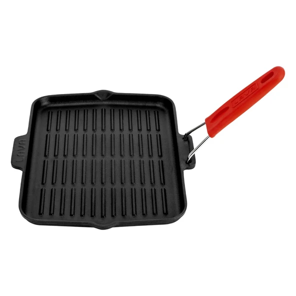 Lava Döküm Dikdörtgen Sığ Izgara Tavası Silikon Tel Saplı Ölçü 21x30cm  Kırmızı