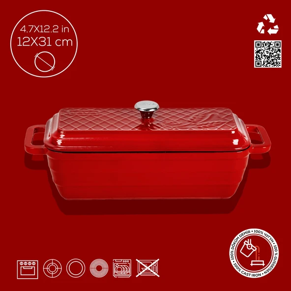Lava Döküm Ekmek Tenceresi / Terrine Serisi. Ölçü 11x31cm.  Kırmızı - 5