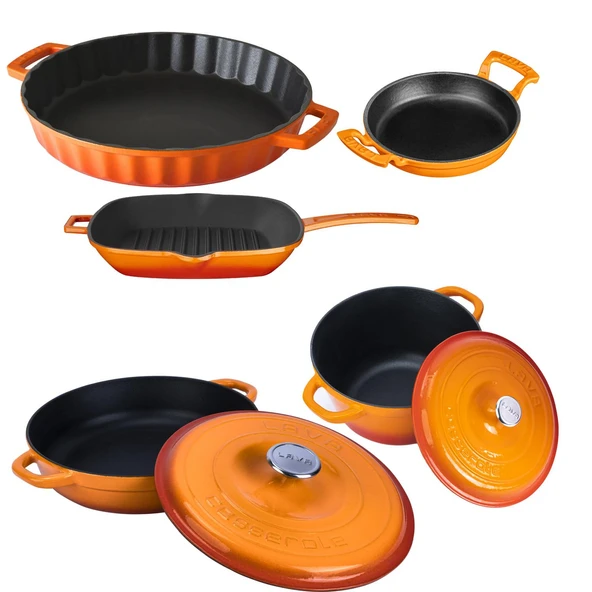 Lava Döküm 5X New Heritage Serisi Döküm Demir Tencere & Tava Seti  Turuncu - Resim 2