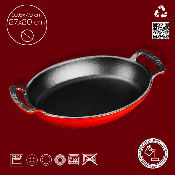Lava Döküm Oval Sahan Döküm Demir Yekpare Çift Kulplu Ölçü 27x20cm.  Kırmızı - 4