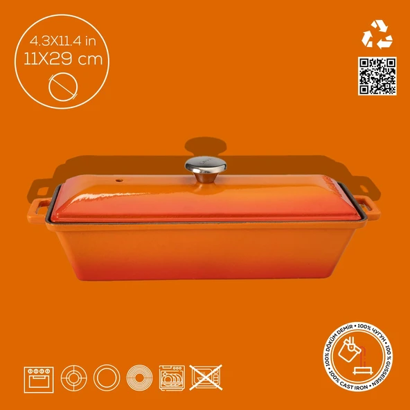Lava Döküm Ekmek Tenceresi / Terrine Serisi. Ölçü 11x29cm.  Turuncu - 4
