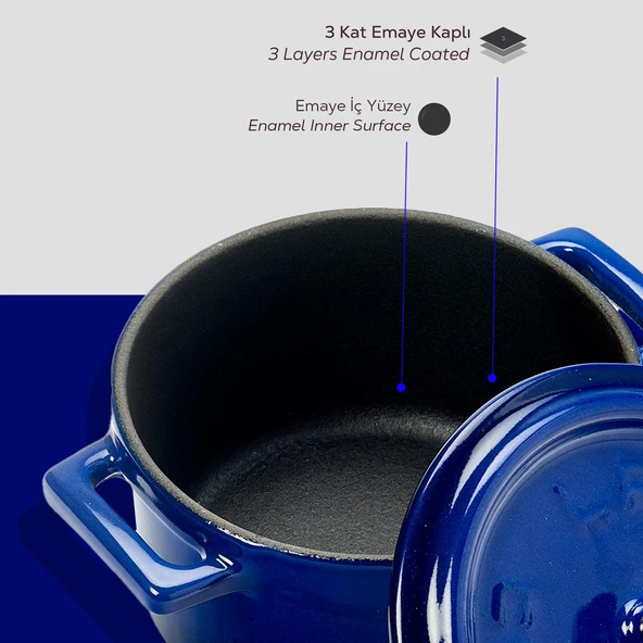 Lava Döküm Mini Tencere. Trendy Serisi Çap(Ø)10 cm.  Mavi - Resim 6