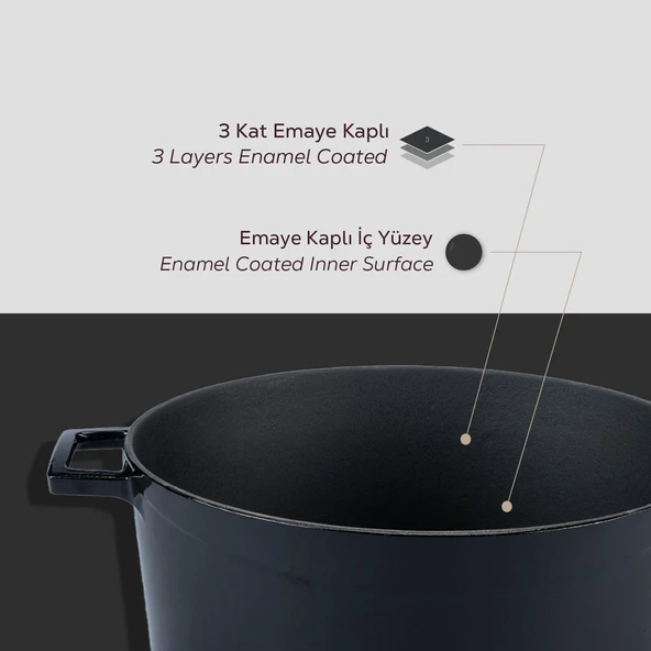Lava Döküm Yuvarlak Tencere Cam kapaklı. Glaze Çap(Ø)20cm.  Siyah - 6