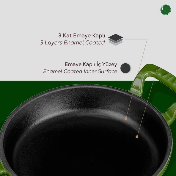 Lava Döküm Yuvarlak Sahan Döküm Demir Yekpare Çift Kulplu Çap(Ø)16cm.  Yeşil - 6